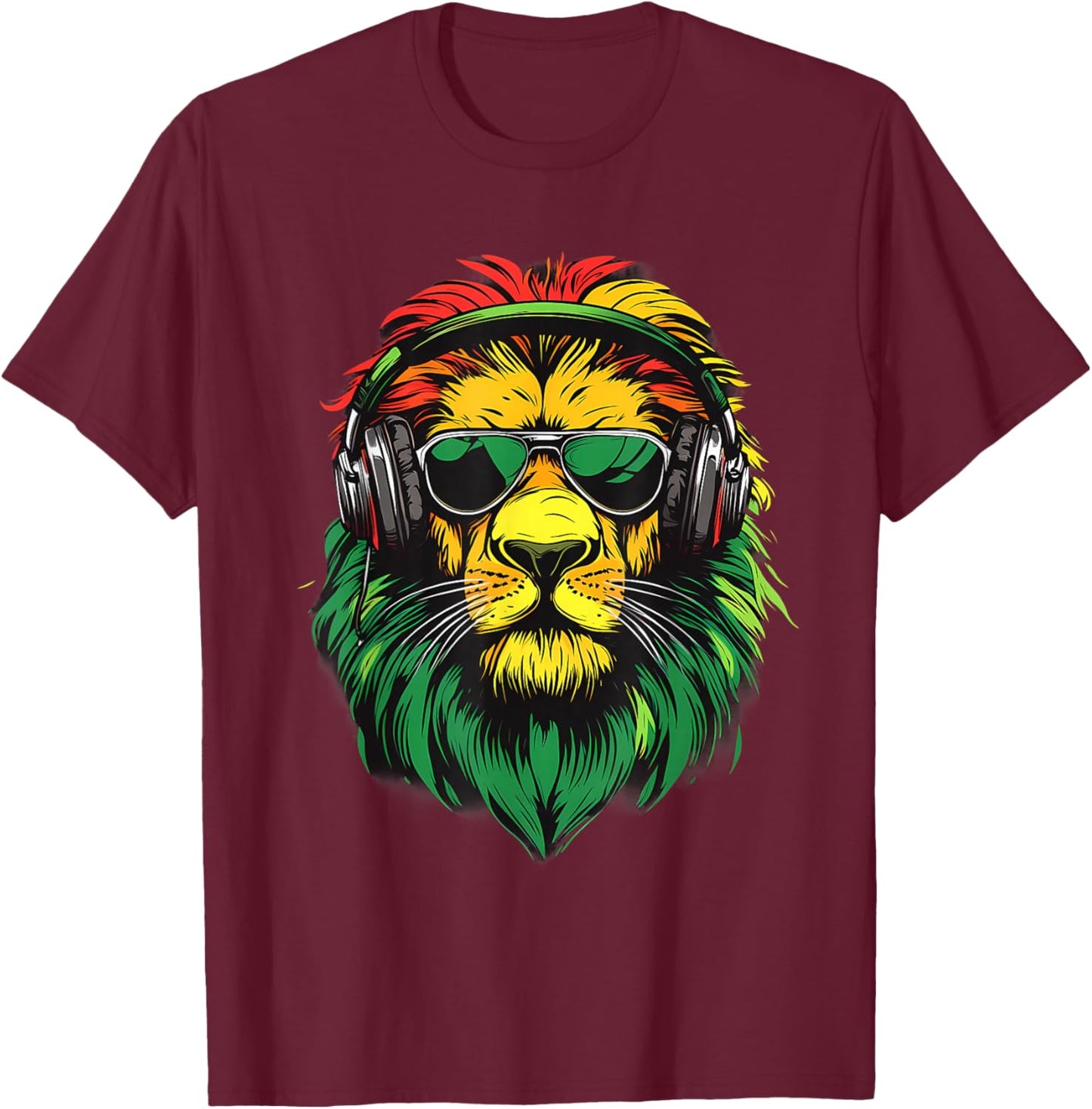 DJ Lion Of Judah Jamaican Rasta Reggae Music Headphones T-Shirt - T-Shirt | Maroon