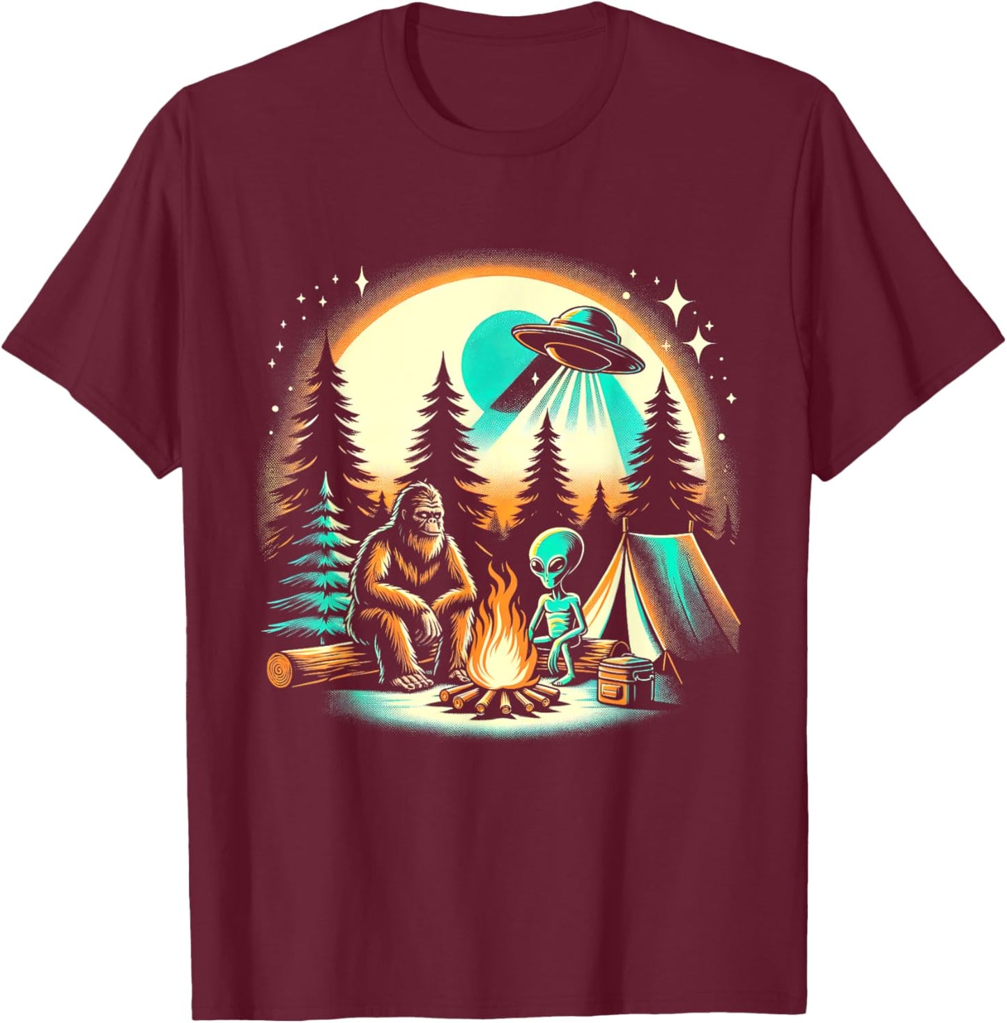 Funny Bigfoot & Alien UFO Camping Outdoor Adventures Hiking T-Shirt - T-Shirt | Maroon