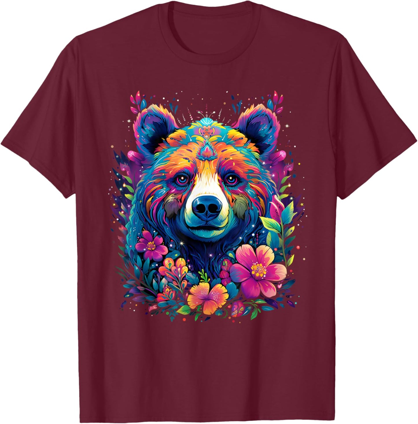 Flower Bear Colorful Rainbow Vibrant Graphic T-Shirt - T-Shirt | Maroon