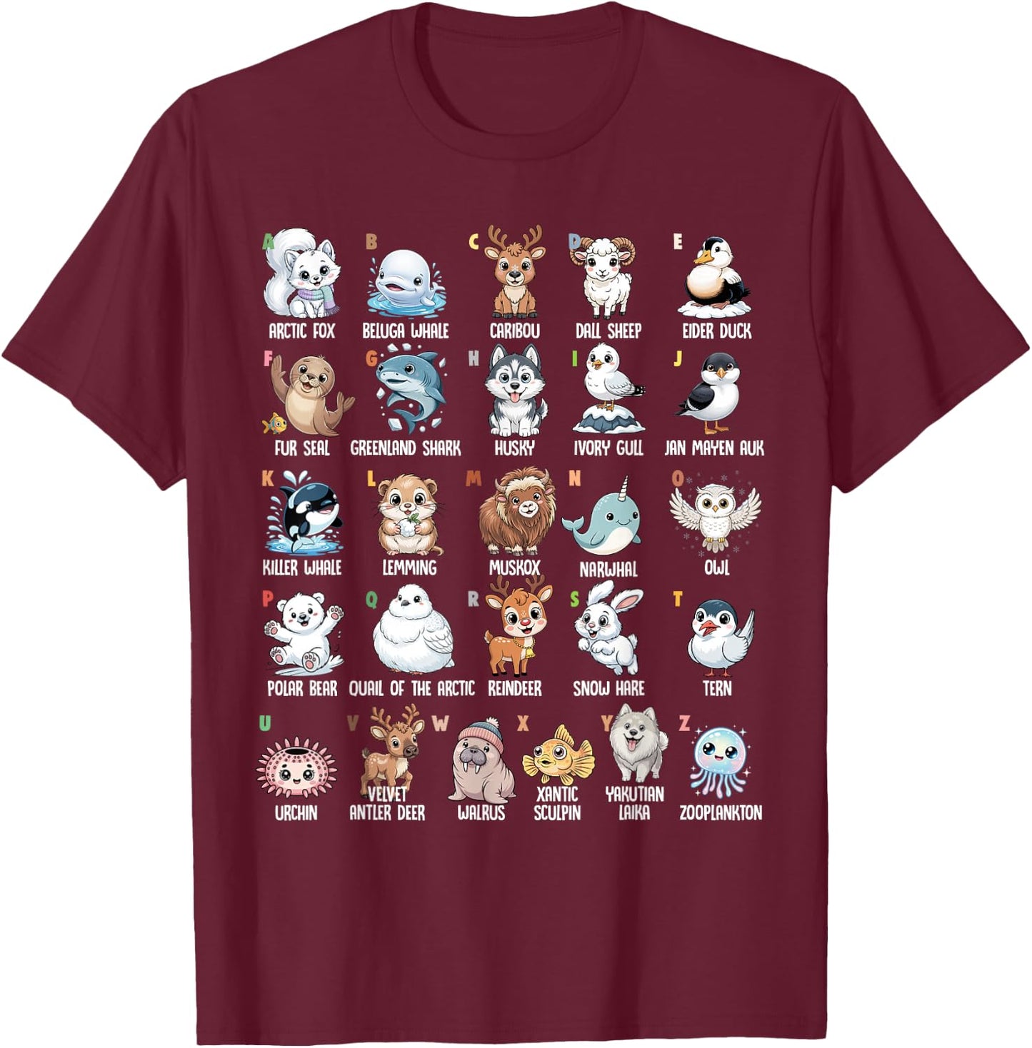 A-Z Arctic Animals Alphabet Collection Wildlife Education T-Shirt - T-Shirt | Maroon