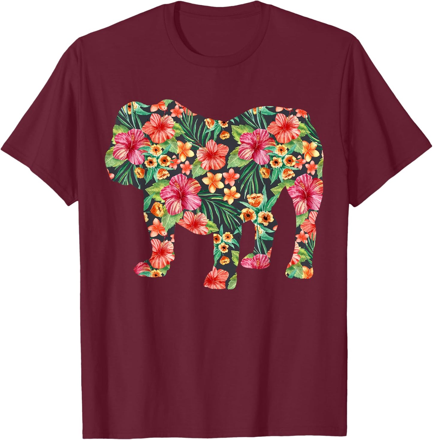 English Bulldog Flower T shirt Dog Silhouette Floral Gift Men Women Girls Kids T-Shirt - T-Shirt | Maroon