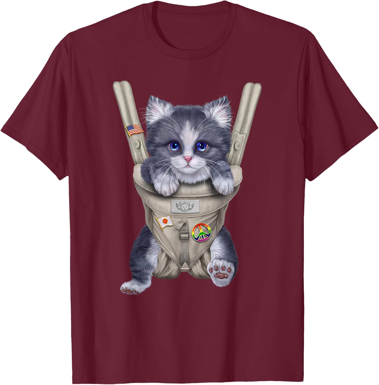 Grey Bicolor Cat in Baby Carrier Women Kids T-Shirt - T-Shirt | Maroon