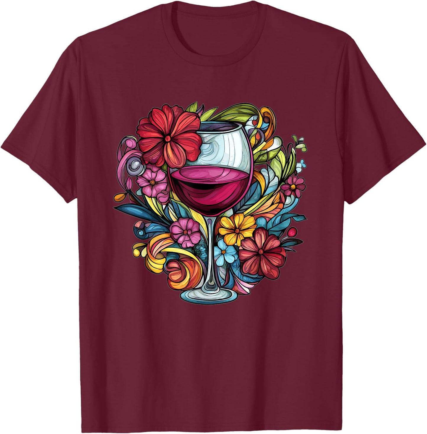 Elegant Wine Glass With Floral Blooms T-Shirt - T-Shirt | Maroon