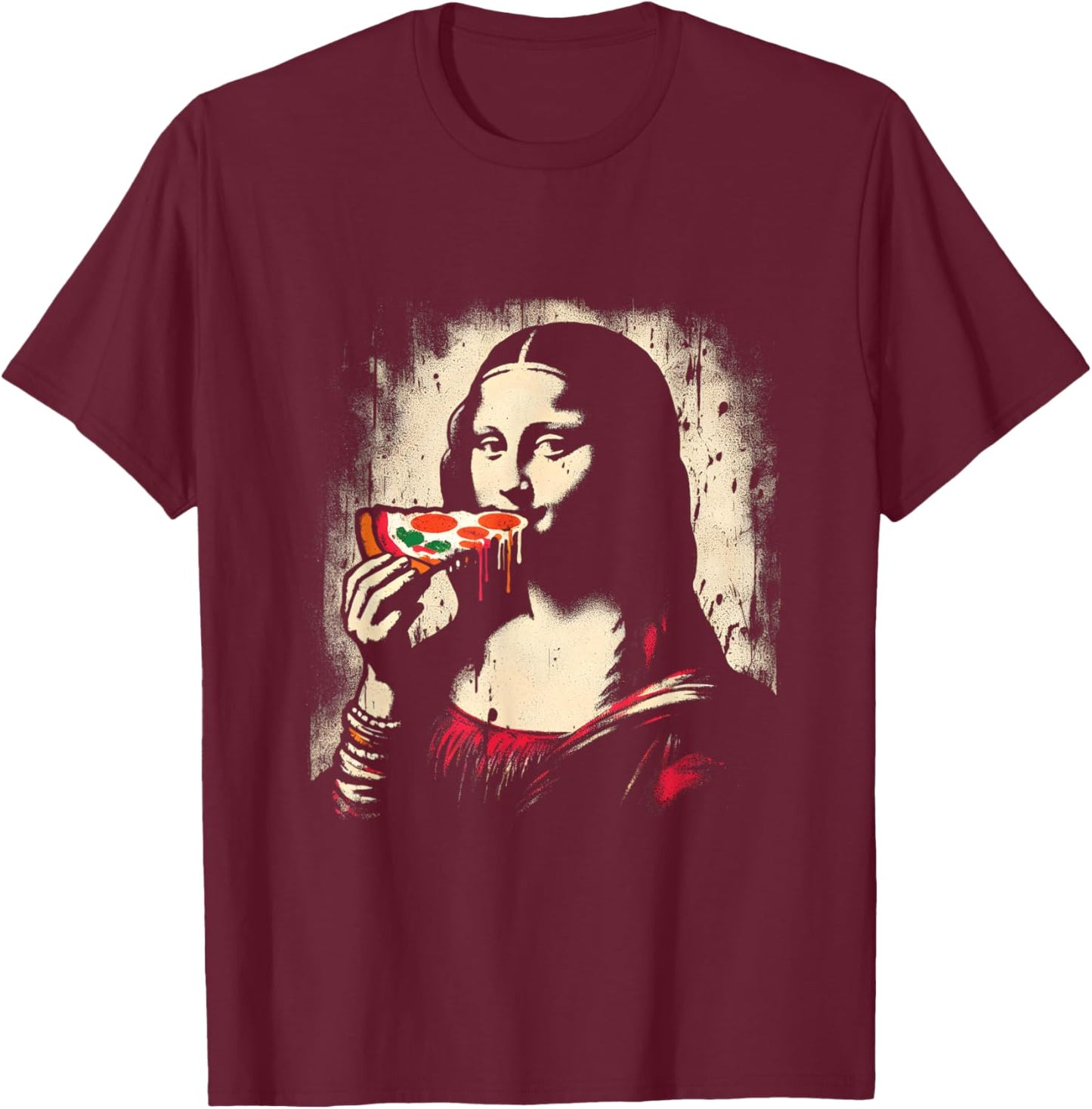 Mona-Lisa Eating Pizza - Funny Graphic Pizza Lover T-Shirt - T-Shirt | Maroon
