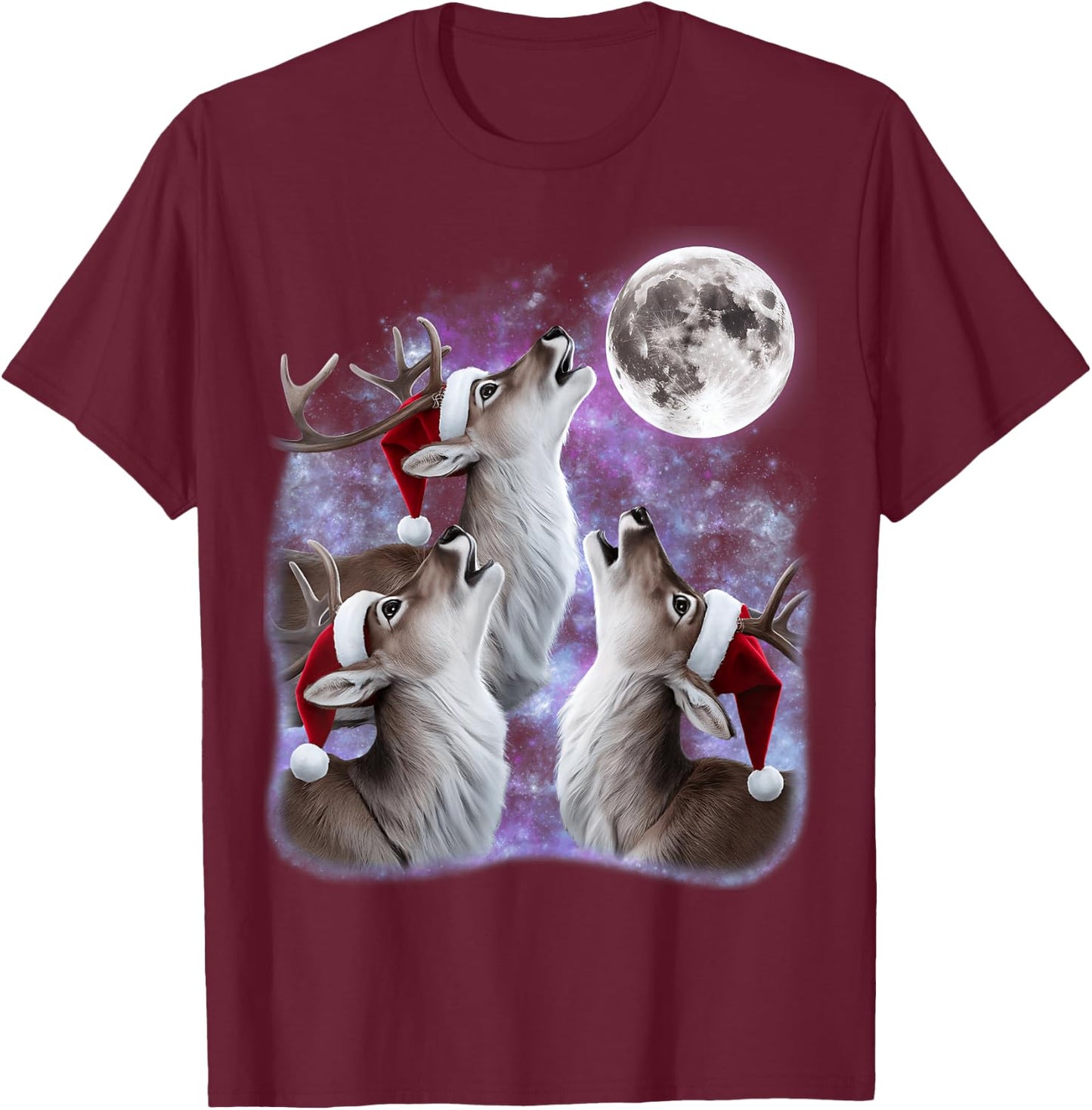 3 Deer Howling At The Moon Santa Hat Meme Funny Deer Lovers T-Shirt - T-Shirt | Maroon