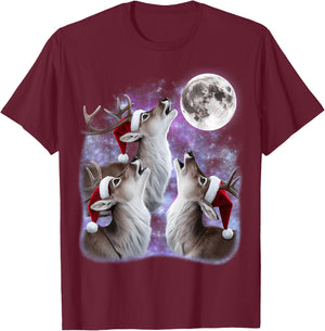 3 Deer Howling At The Moon Santa Hat Meme Funny Deer Lovers T-Shirt - T-Shirt | Maroon