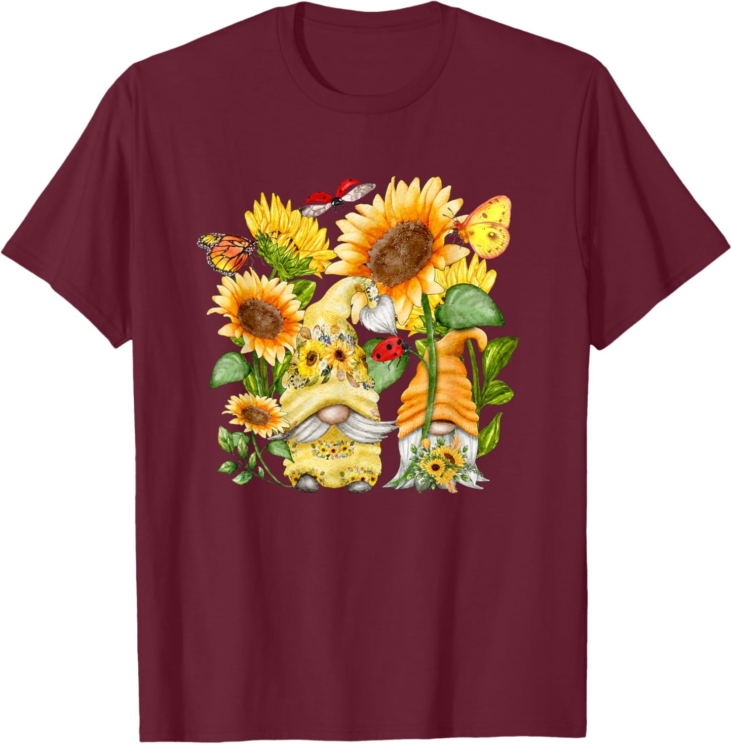 Sunflower Gnome Butterfly & Ladybug Floral Flower T-Shirt - T-Shirt | Maroon