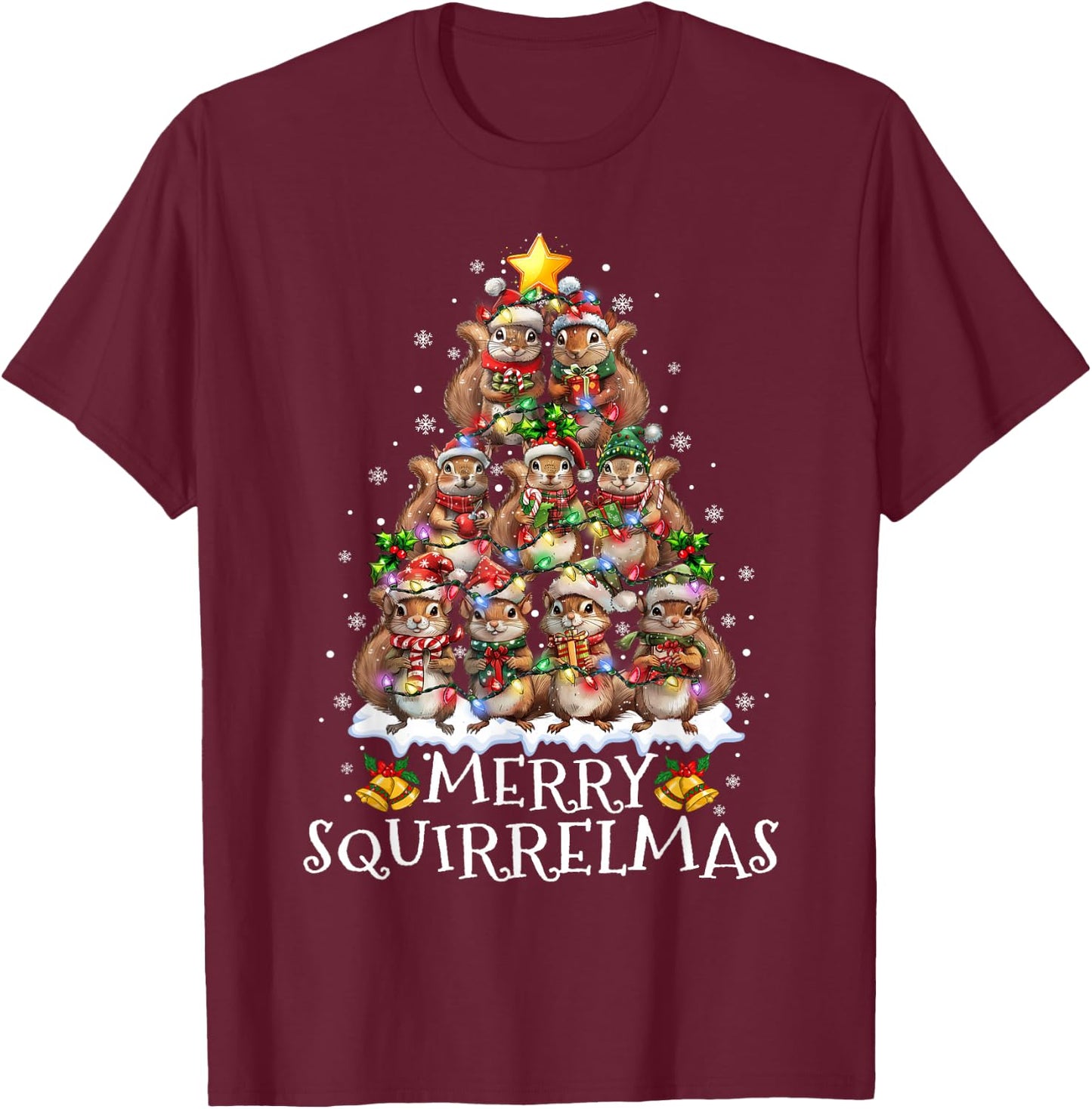 Squirrel Christmas Tree Lights Merry Squirrelmas Santa Xmas T-Shirt - T-Shirt | Maroon