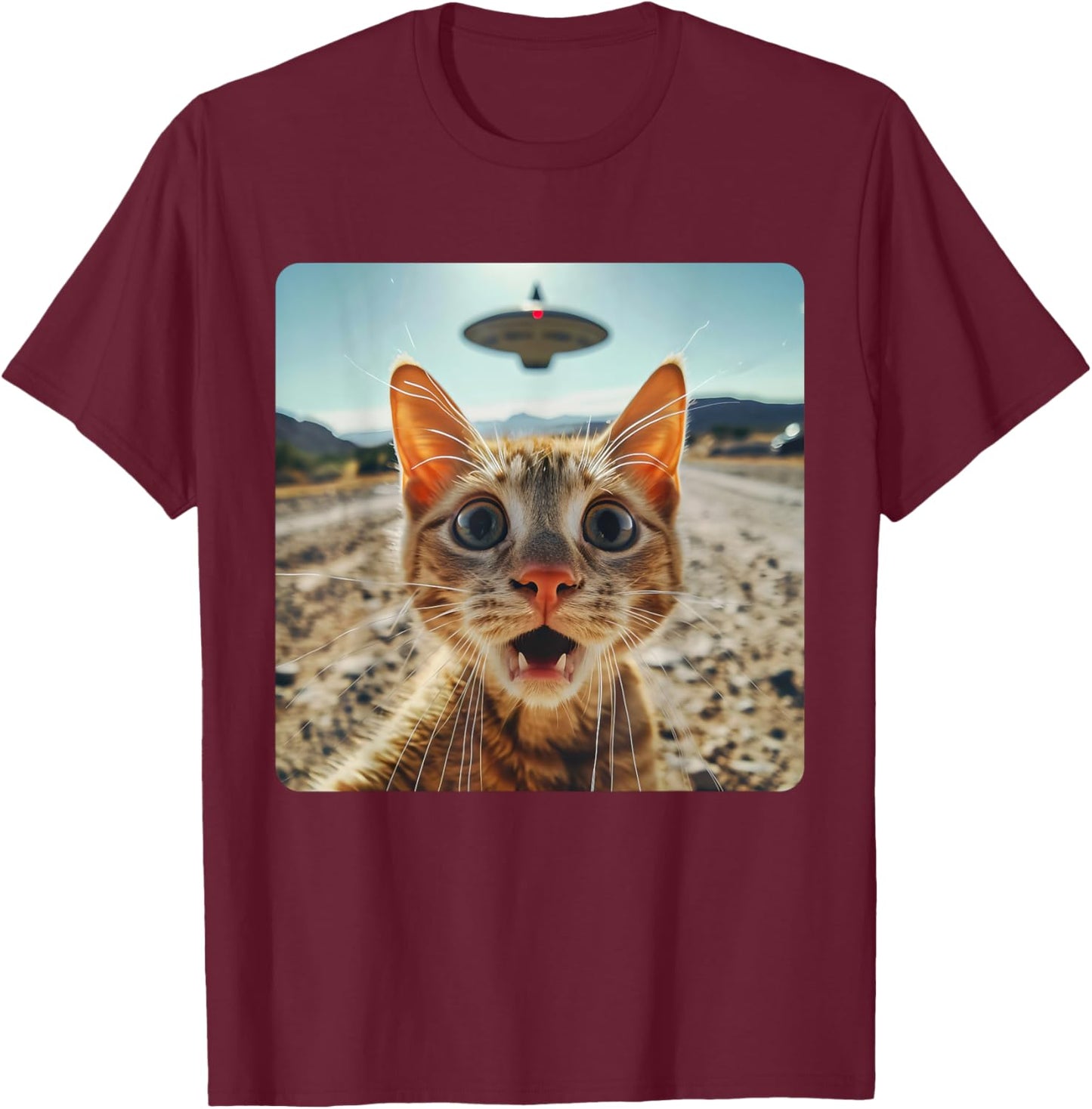 Extraterrestrial Encounter: Cat Selfie with Alien UFO T-Shirt - T-Shirt | Maroon