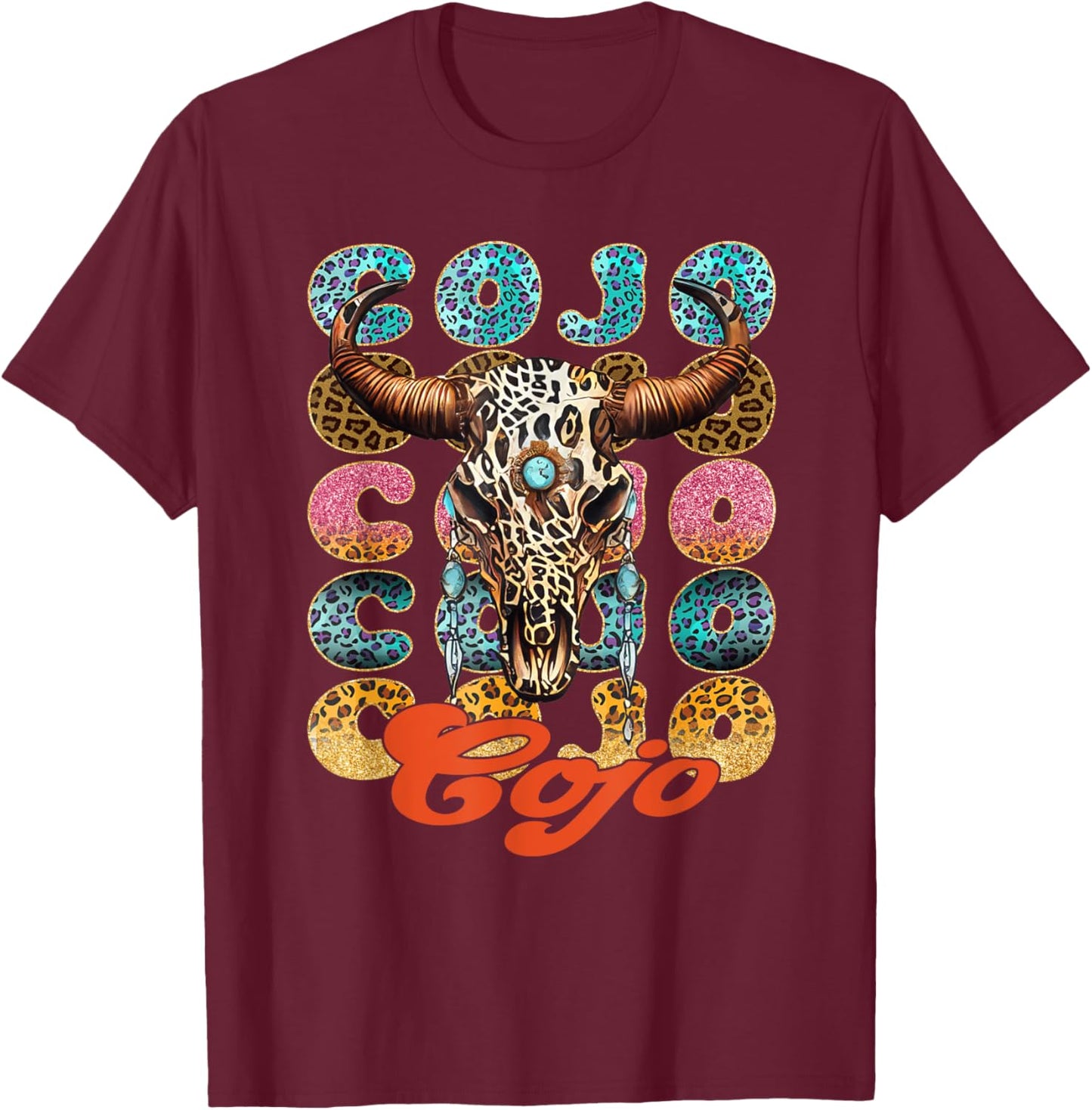 Vintage Rodeo Cojo Western Deserts Bull-Skull Cowhide Cojo T-Shirt - T-Shirt | Maroon