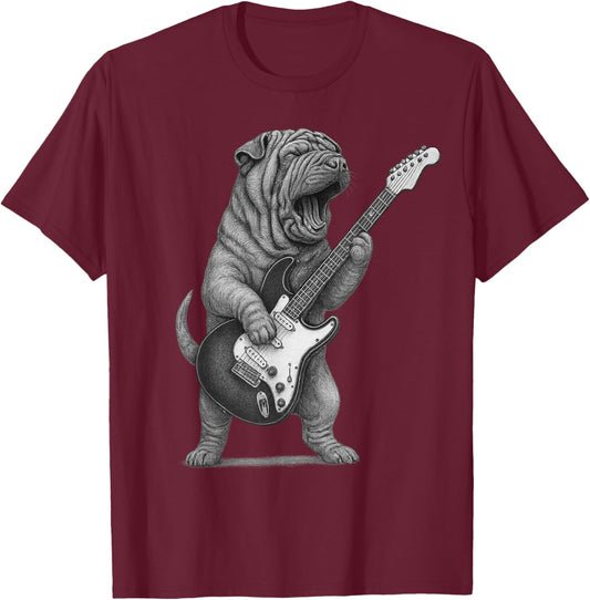 Shar Pei Playing Guitar Rock Music Dog Lovers T-Shirt - T-Shirt | Maroon