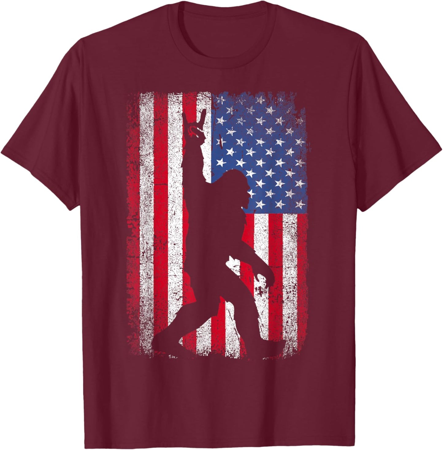 Rock On Bigfoot Sasquatch Loves Patriot American Flag USA T-Shirt - T-Shirt | Maroon