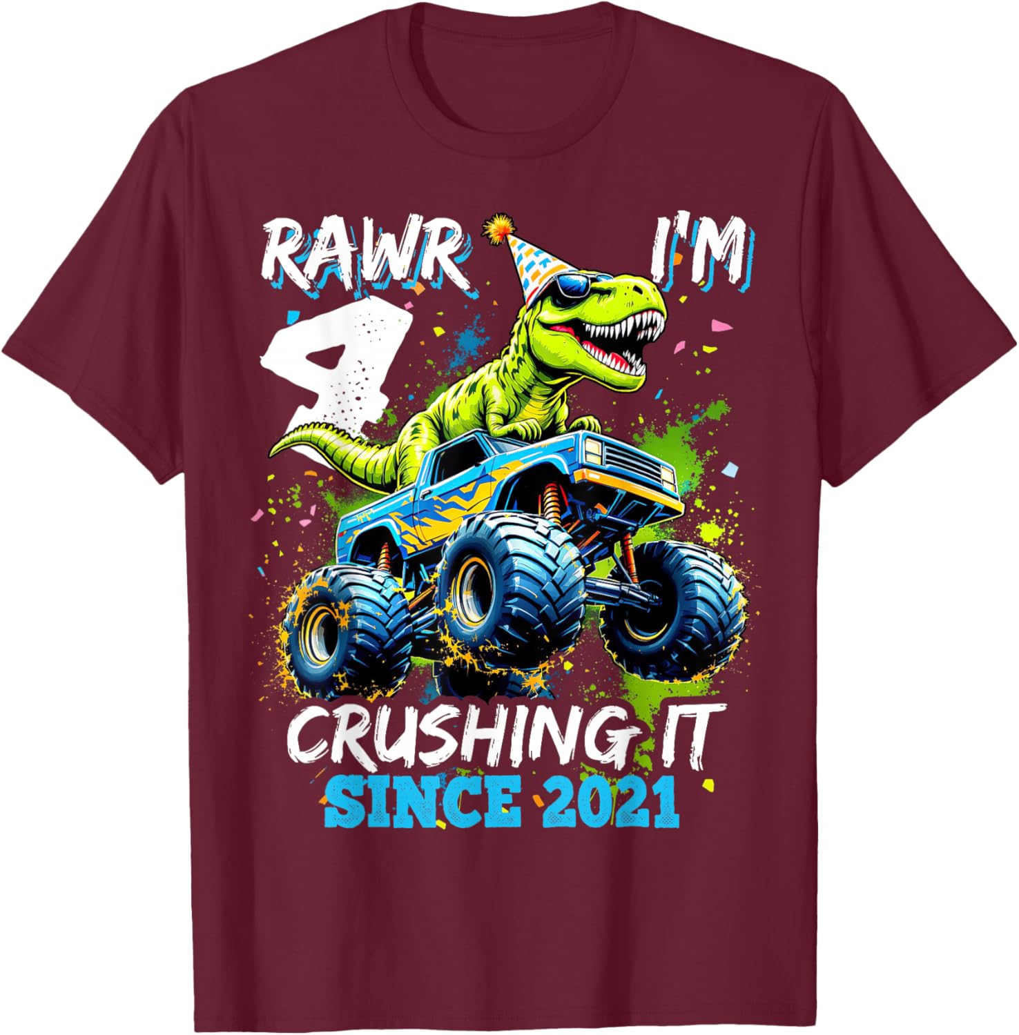 4th Birthday Monster Truck Dinosaur Party Boys Rawr I'm 4 T-Shirt - T-Shirt | Maroon