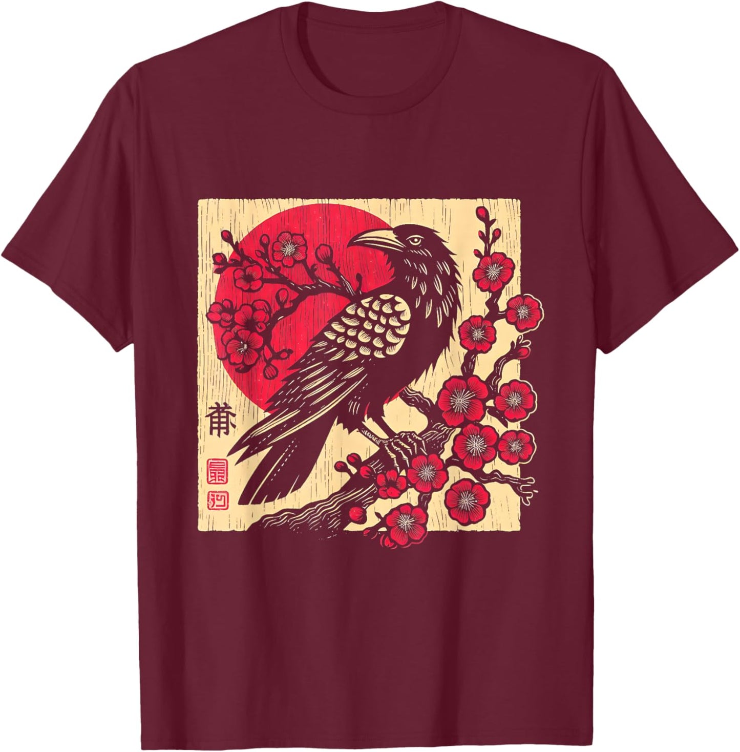 Japanese Art Raven Vintage Graphic Cherry Blossom T-Shirt - T-Shirt | Maroon