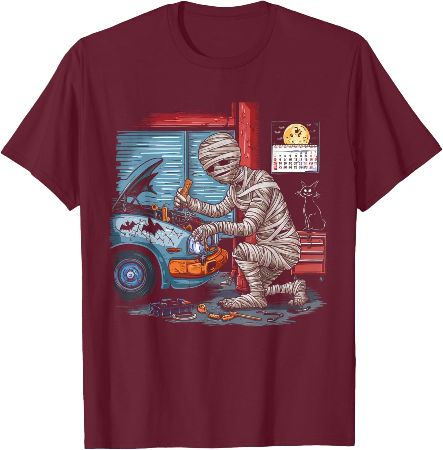 Car Lover Halloween Shirt Creepy Mechanic Mummy Scary Garage T-Shirt - T-Shirt | Maroon