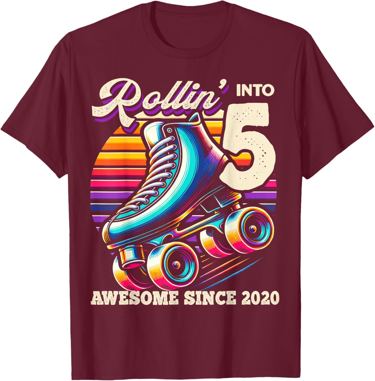 Birthday Roller Skating 5th Girls Rollin into 5 Skate Party T-Shirt - T-Shirt | Maroon