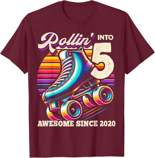 Birthday Roller Skating 5th Girls Rollin into 5 Skate Party T-Shirt - T-Shirt | Maroon