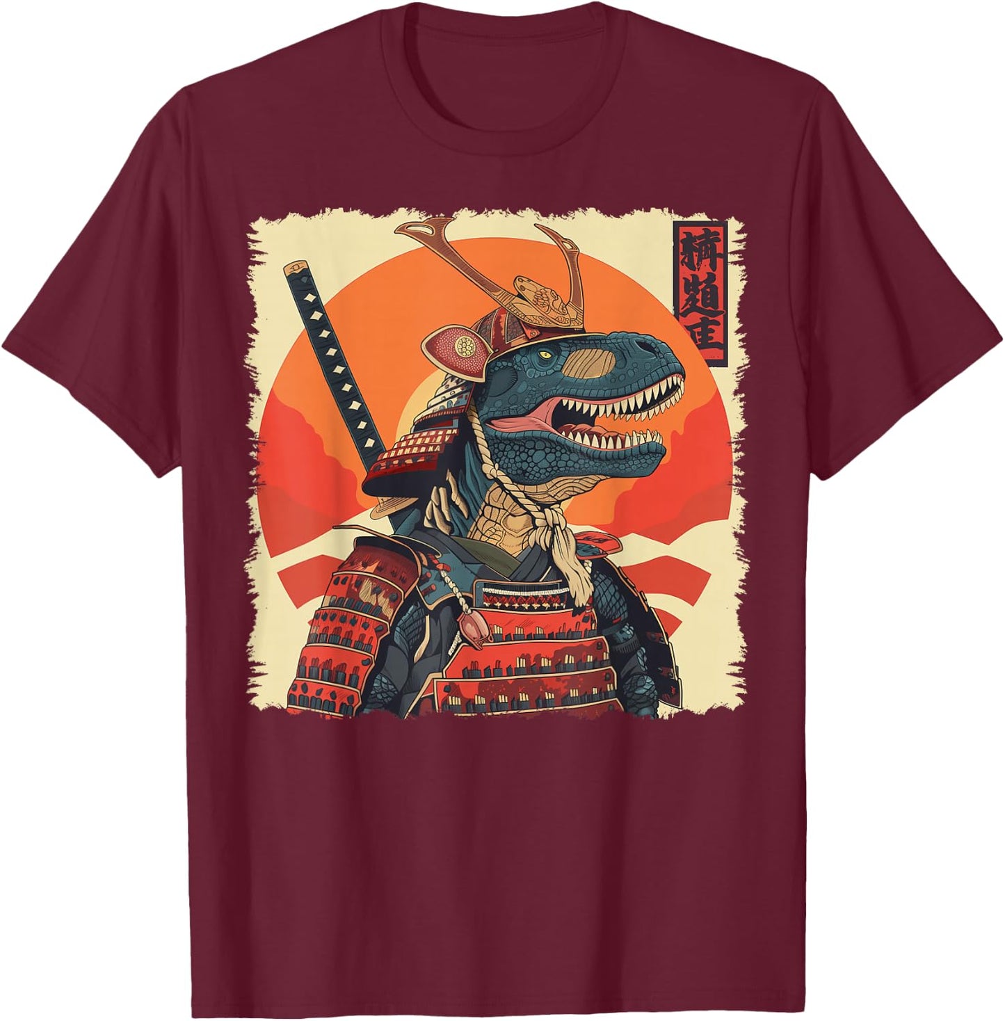 T-Rex Dinosaur Tyrannosaurus Rex Japanese Samurai Ukiyo-e T-Shirt - T-Shirt | Maroon