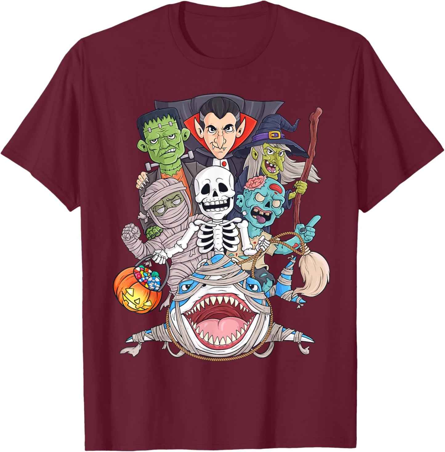 Skeleton Zombie Riding Mummy Shark Funny Halloween Pumpkin T-Shirt - T-Shirt | Maroon