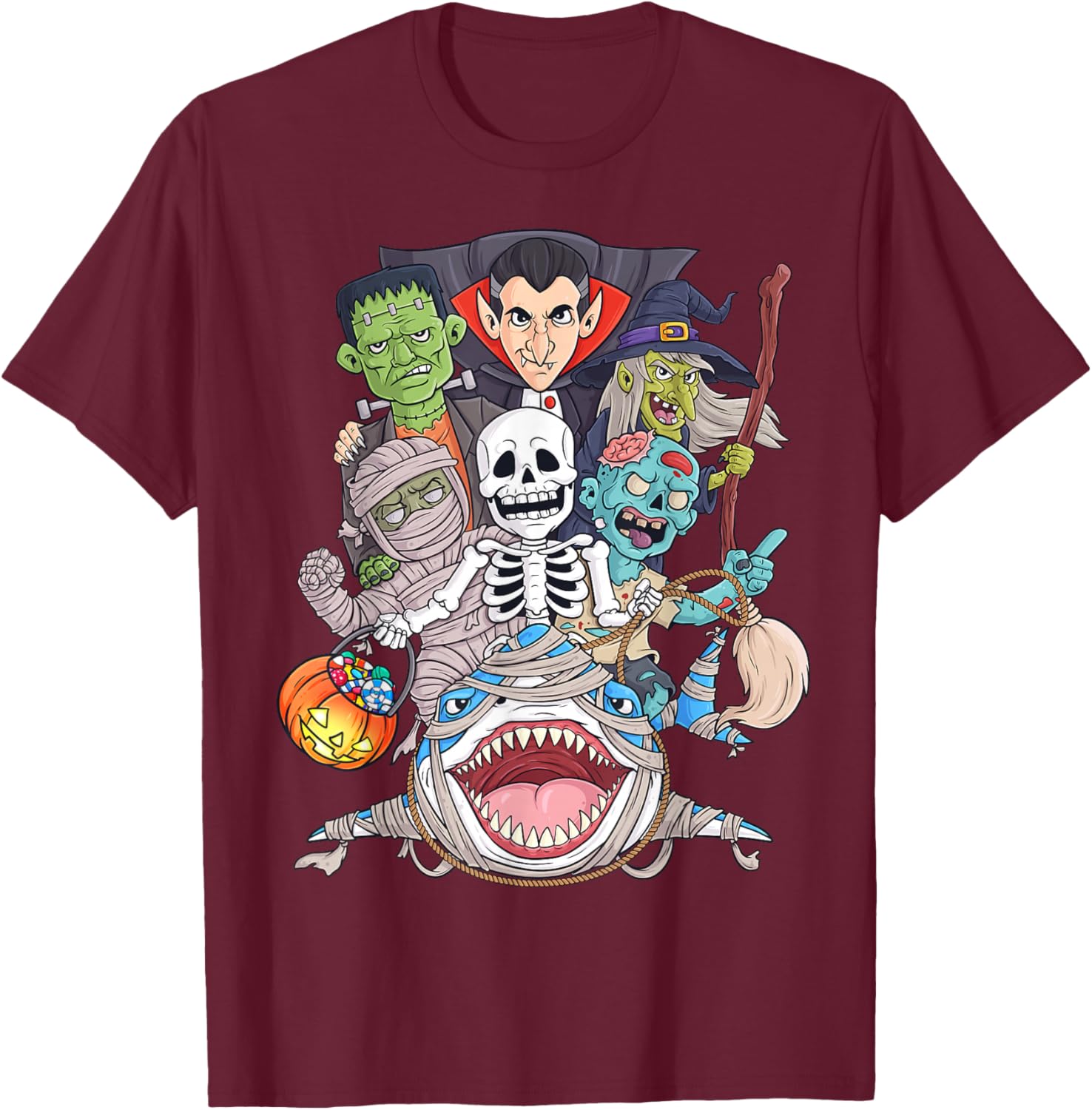 Skeleton Zombie Riding Mummy Shark Funny Halloween Pumpkin T-Shirt - T-Shirt | Maroon