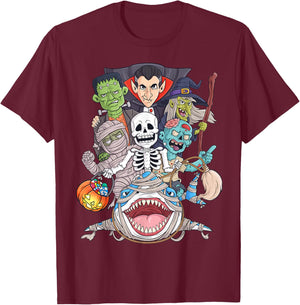 Skeleton Zombie Riding Mummy Shark Funny Halloween Pumpkin T-Shirt - T-Shirt | Maroon