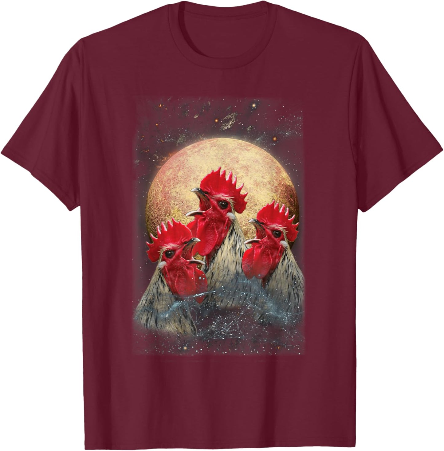 Three Chickens Howling At The Moon Funny Parody Chicken T-Shirt - T-Shirt | Maroon
