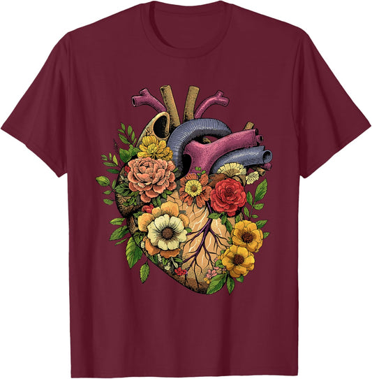 Anatomical Heart Shirt Floral Organ Cardiology Cardiac Nurse T-Shirt - T-Shirt | Maroon