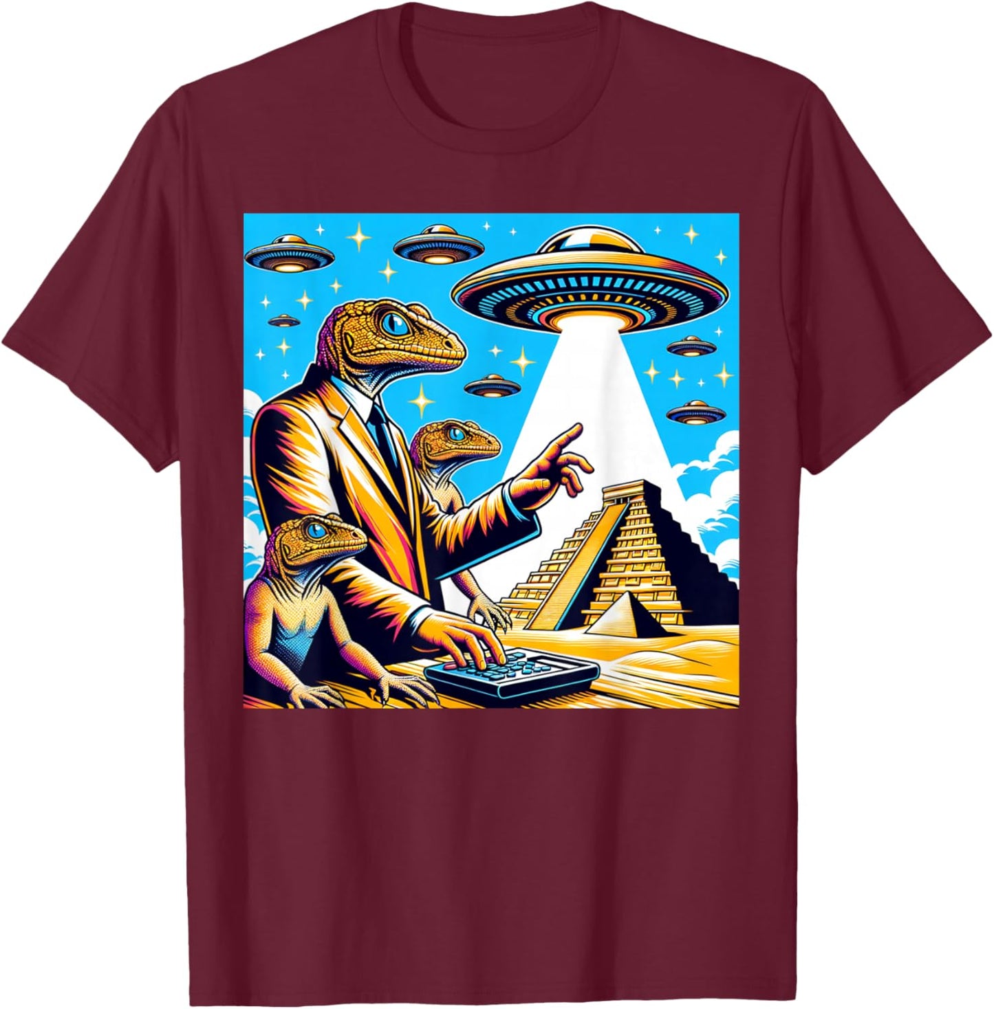 Lizard Conspiracy Theory UFO Chichen Itza Mexican Pyramids T-Shirt - T-Shirt | Maroon