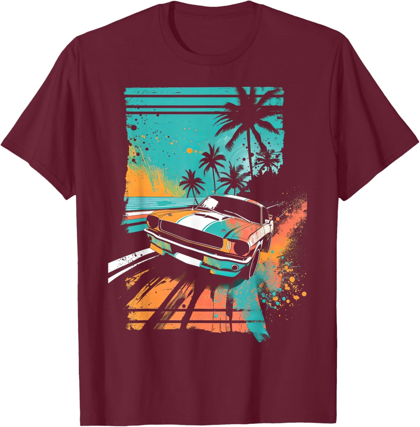 Vintage Car Teal Sunset Tropical Beach T-Shirt - T-Shirt | Maroon