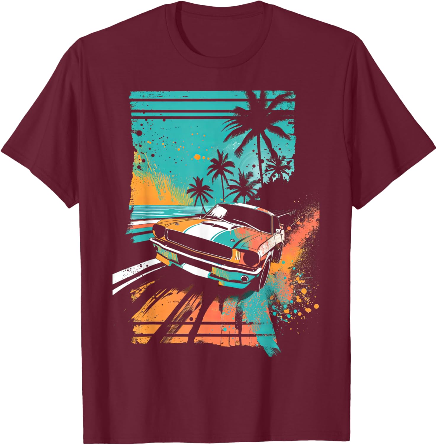 Vintage Car Teal Sunset Tropical Beach T-Shirt - T-Shirt | Maroon