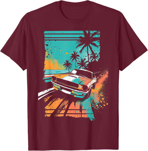 Vintage Car Teal Sunset Tropical Beach T-Shirt - T-Shirt | Maroon
