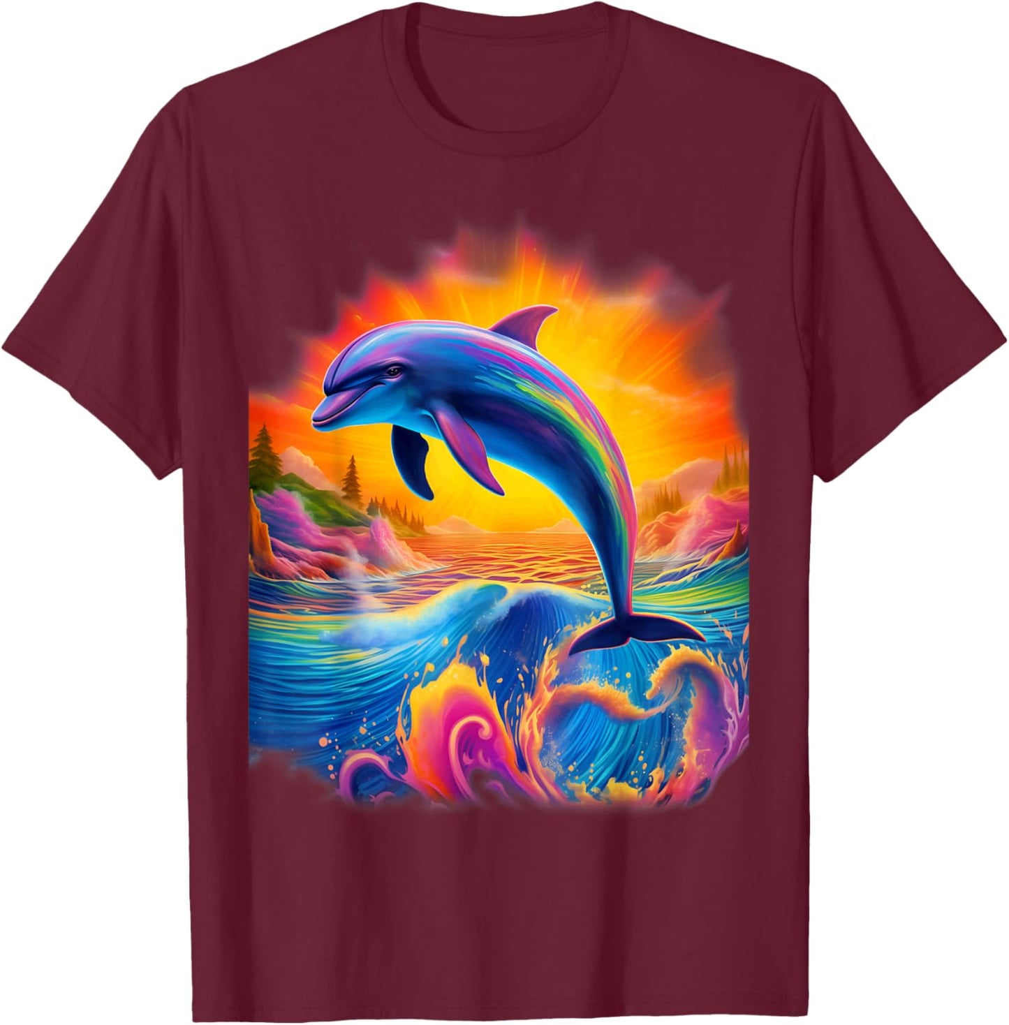 Dolphin Colorful Rainbow Oceanscape for Girls and Boys T-Shirt - T-Shirt | Maroon