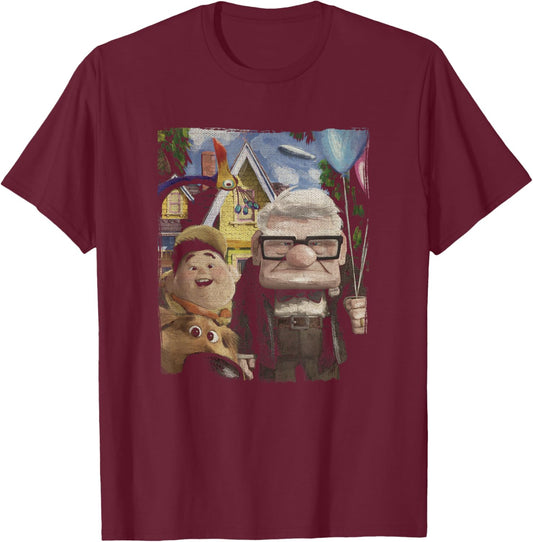Disney Pixar Up Carl Russell Dug & Kevin Vintage Painting T-Shirt - T-Shirt | Maroon