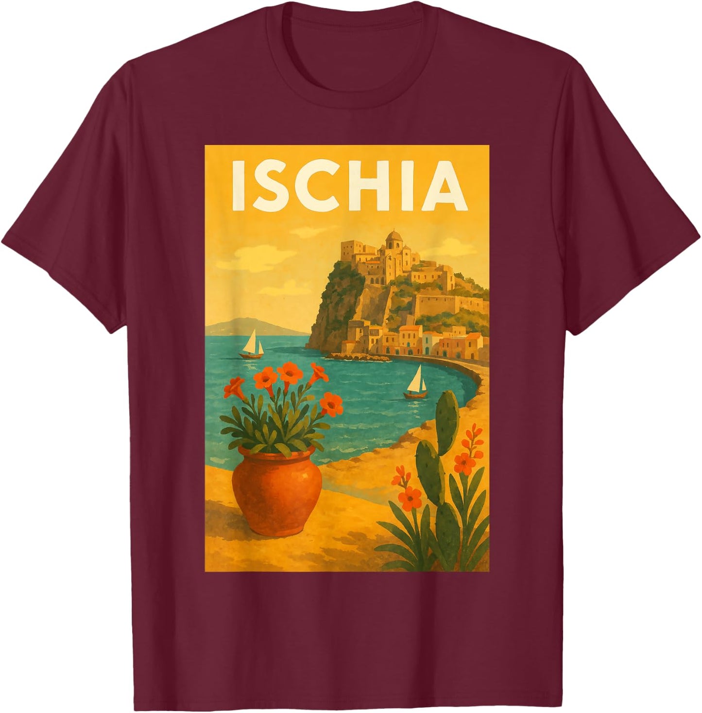 Ischia Vintage Travel Poster Art Print for Home Office T-Shirt - T-Shirt | Maroon