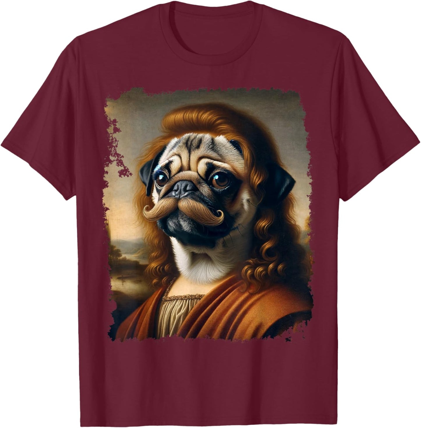 Renaissance Painting Pug Dog Mustache T-Shirt - T-Shirt | Maroon