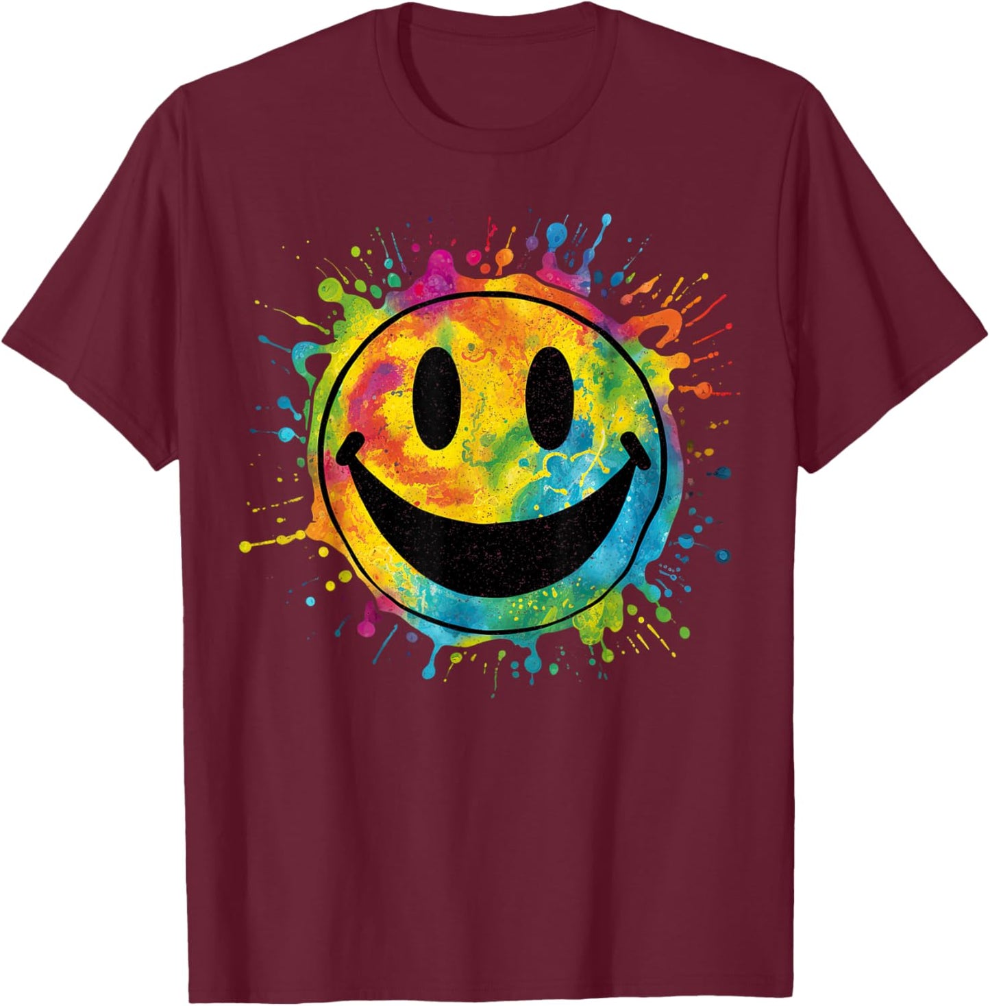 Retro Happy Face Rainbow Tie-dye Splatter – 70s Peace Smile T-Shirt - T-Shirt | Maroon