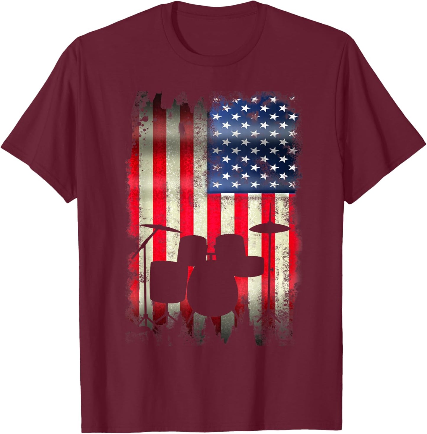 Drum Set USA American Flag 4th of July Patriotic Drummer T-Shirt - T-Shirt | Maroon