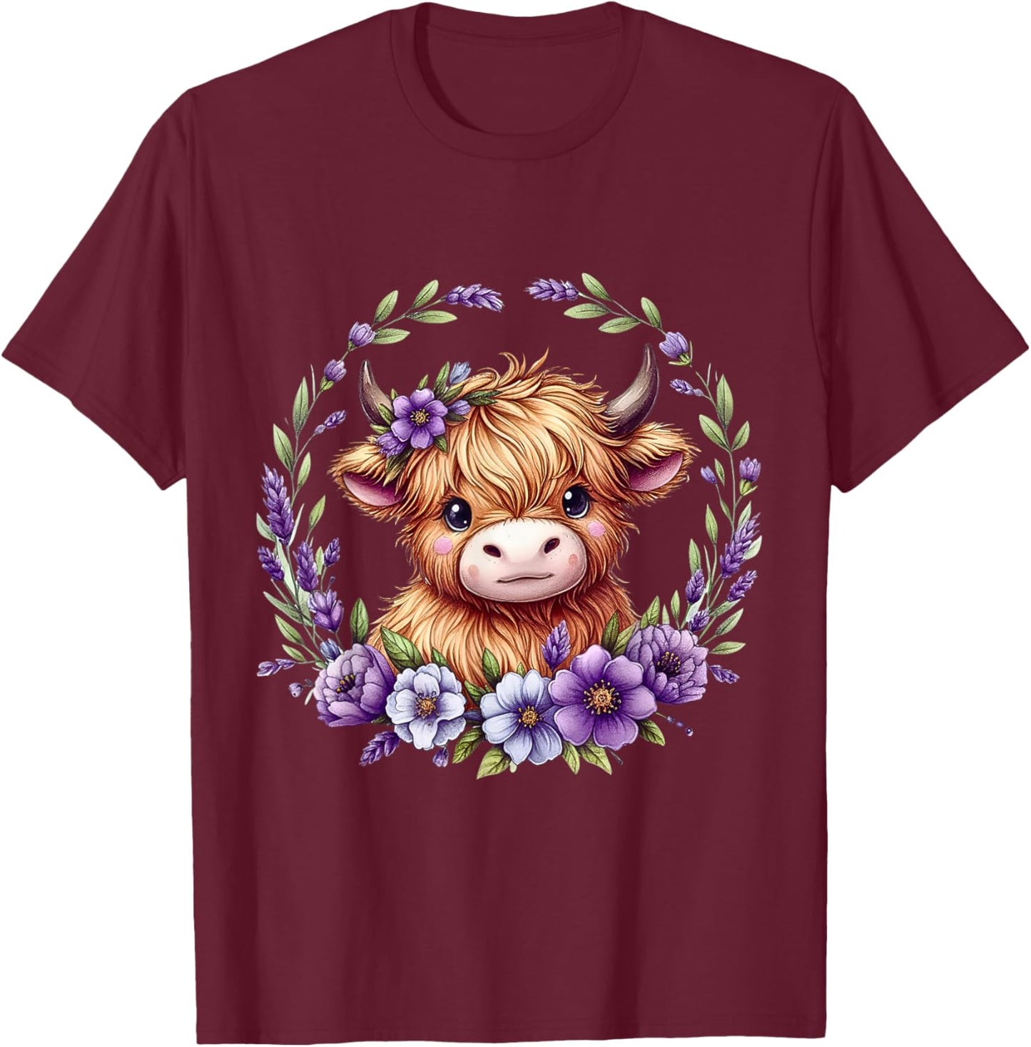 Baby Highland Cow with Purple Flowers Scottish Farm T-Shirt - T-Shirt | Maroon