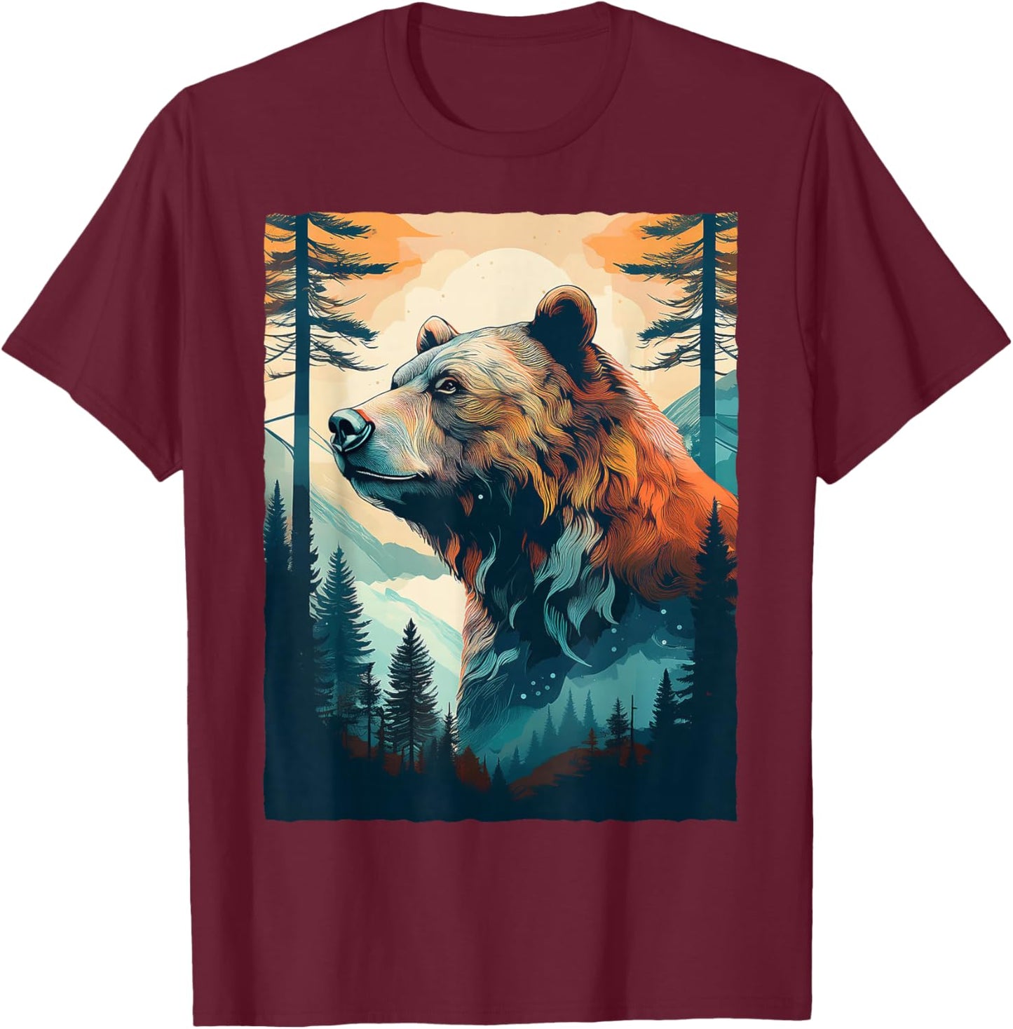 Bear and Forest Nature T-Shirt - T-Shirt | Maroon