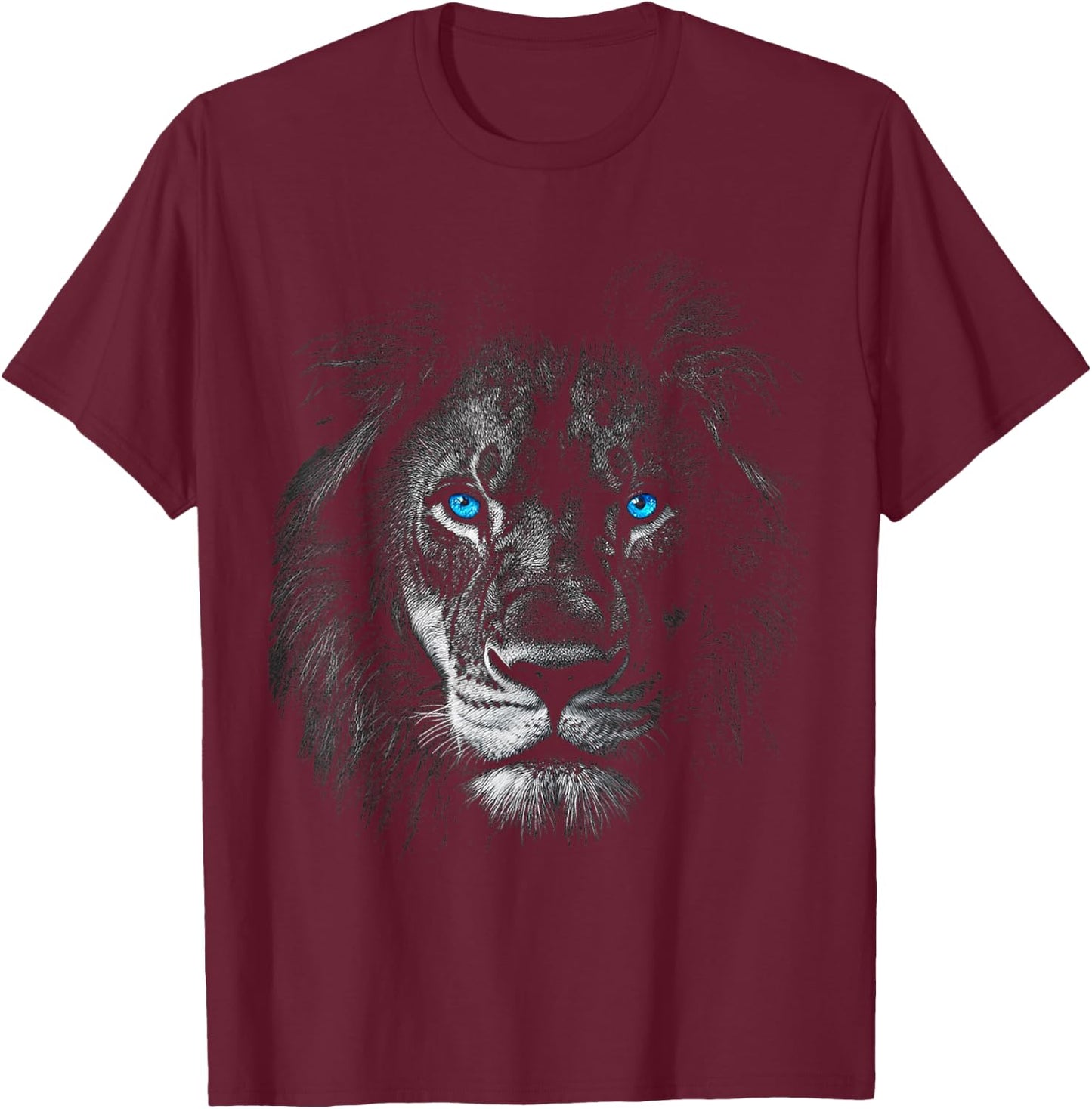 Lion Animal Motif Blue Eyes Artwork Lion T-Shirt - T-Shirt | Maroon