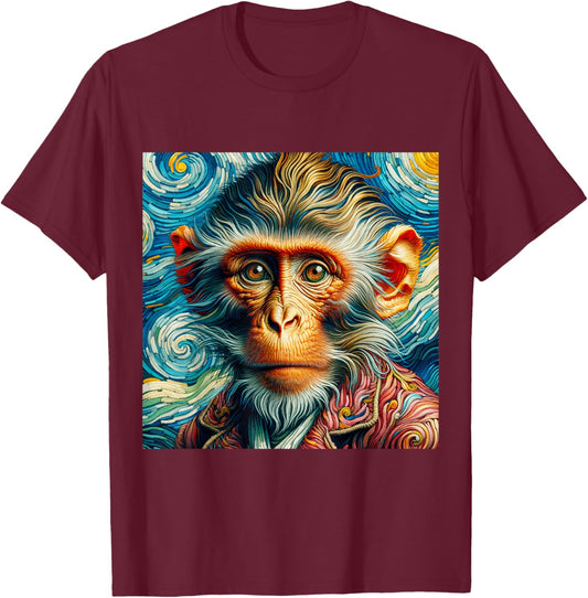 Vincent Van Gogh Shirt Monkey Vangogh Ape Rhesus Macaque Art T-Shirt - T-Shirt | Maroon