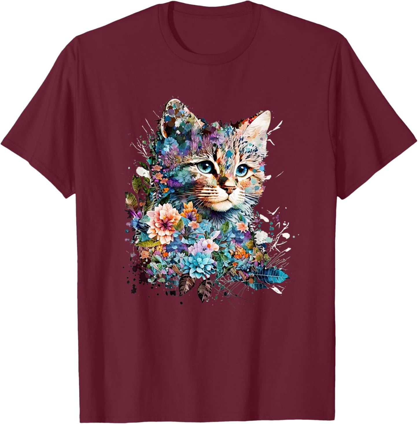 Cute Cat Motif Cat With Flowers Cat T-Shirt - T-Shirt | Maroon