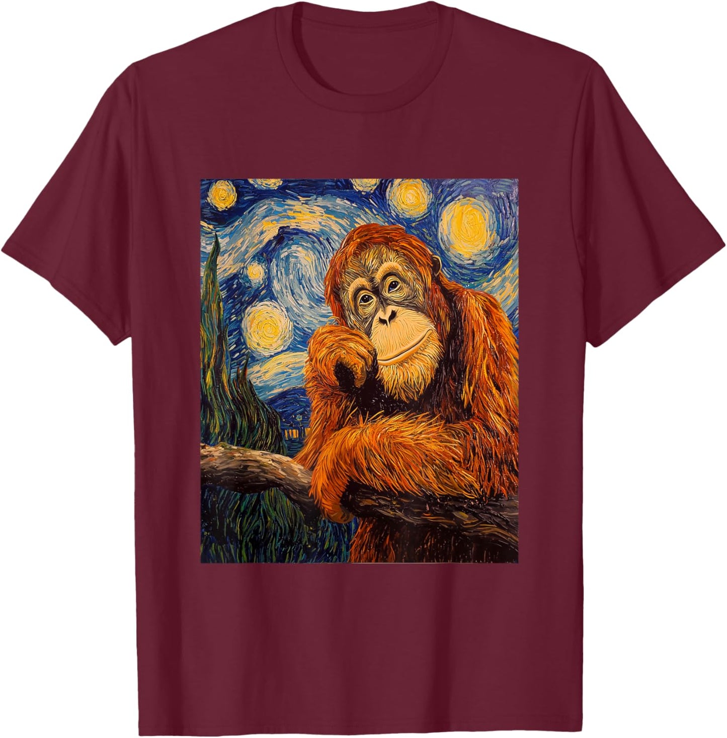 Funny Orangutan Monkey - Van Gogh Style - Starry Night T-Shirt - T-Shirt | Maroon