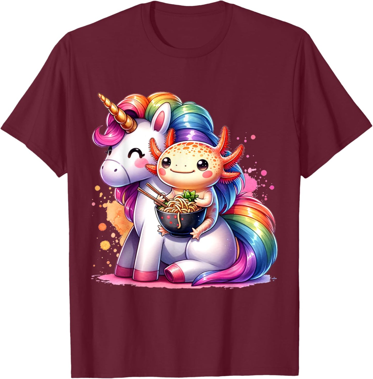Cute Anime Kawaii Axolotl Riding A Unicorn And Eating Ramen T-Shirt - T-Shirt | Maroon