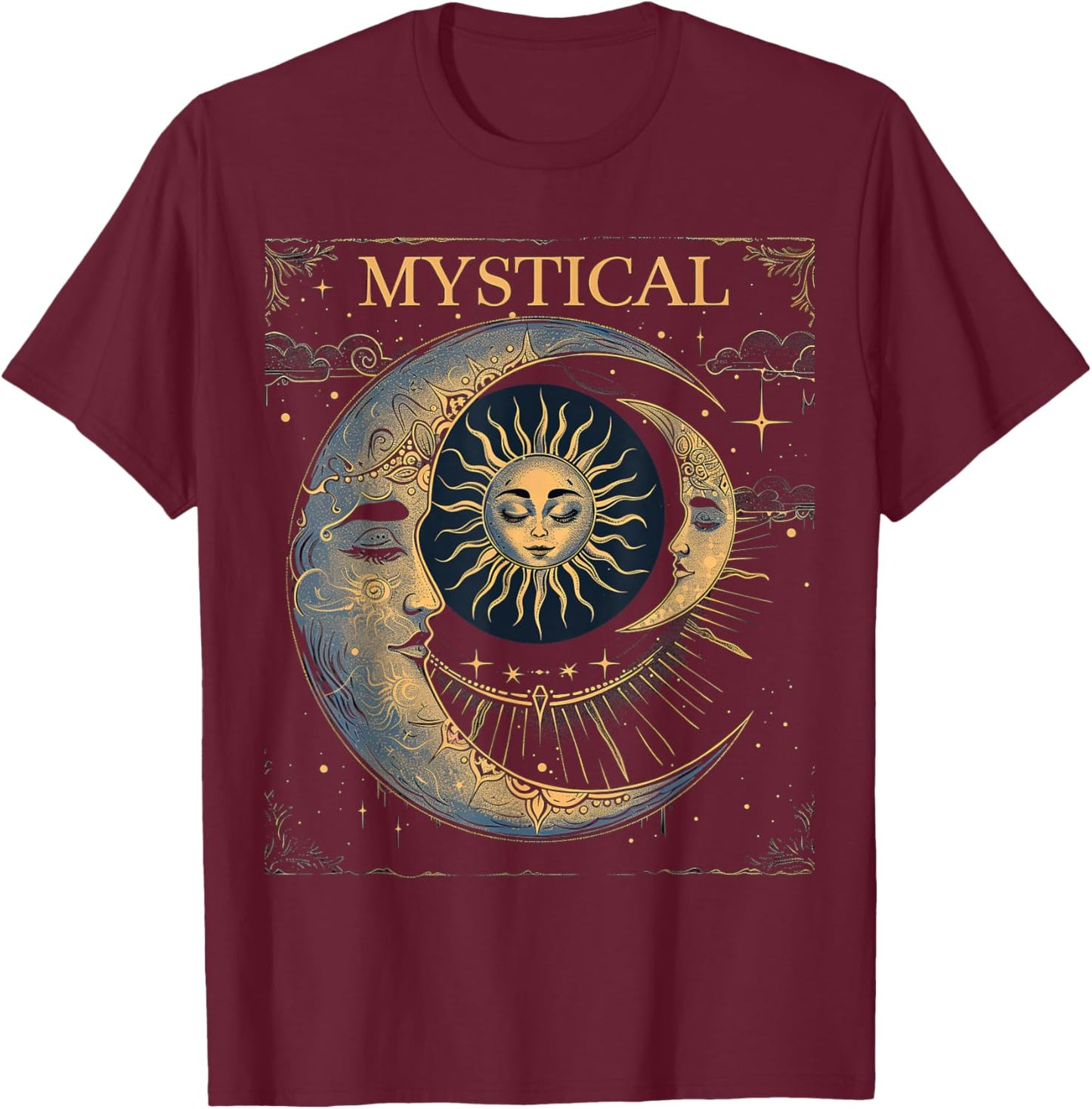 Mystical Sun and Moon Woman Mystic Flowers Aesthetic T-Shirt - T-Shirt | Maroon