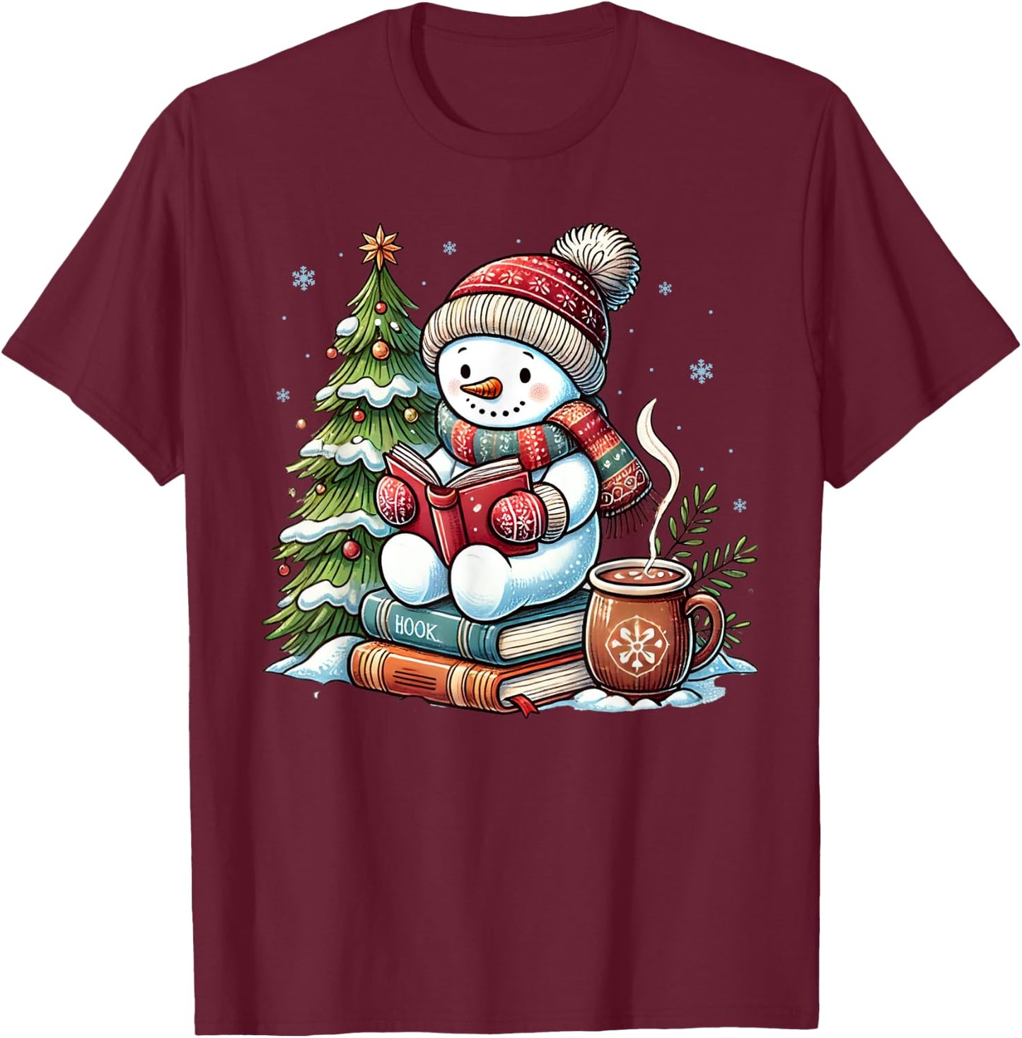 Snowman Reading Book Lovers Christmas Librarian Bookworm T-Shirt - T-Shirt | Maroon