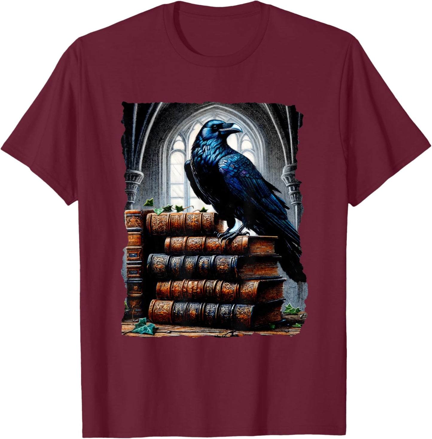 Raven On A Stack Of Books - Wisdom Of Odin T-Shirt - T-Shirt | Maroon