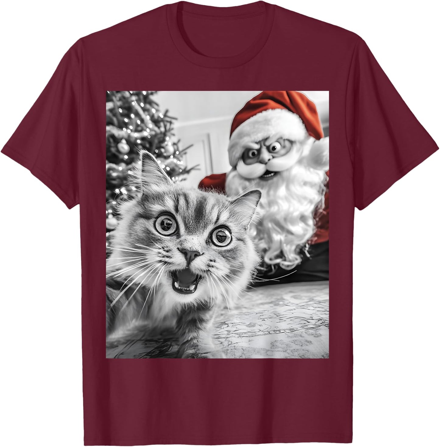 Funny Cat Selfie With Santa Christmas Men Women T-Shirt - T-Shirt | Maroon