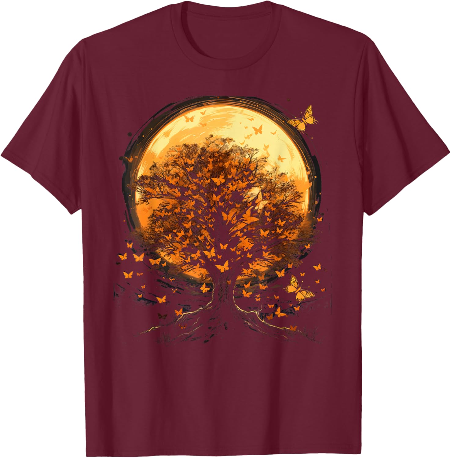 Fall Autumn falling leaves with Tree and Butterfly T-Shirt - T-Shirt | Maroon