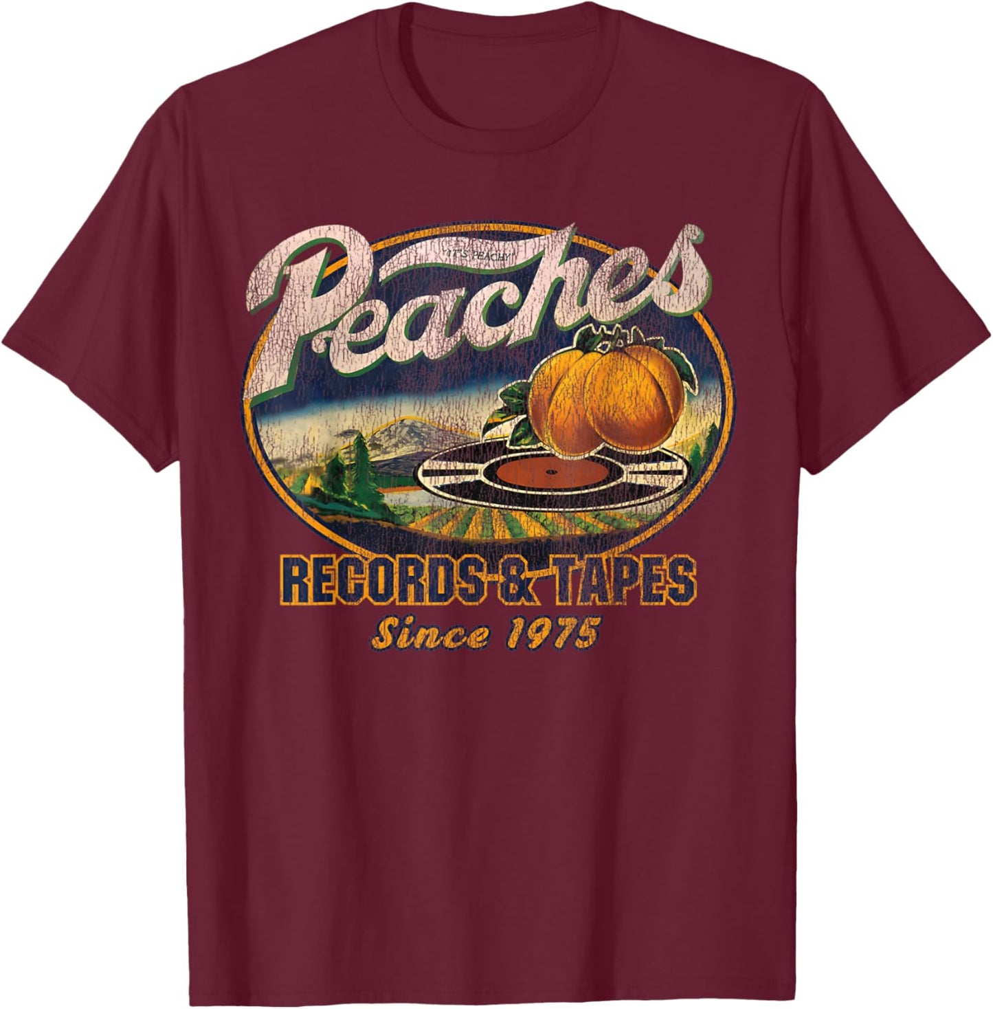 Peaches Retro Records And Tapes Oval 1975 T-Shirt - T-Shirt | Maroon